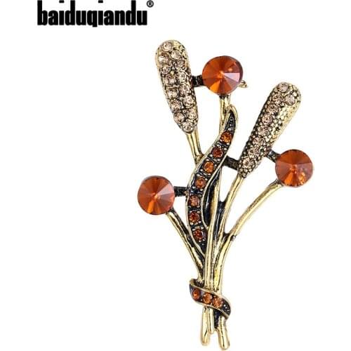 Baiduqiandu New Arrival Antique Gold Color Plated Metal Crystal Leaf Plant Brooch Pins Jewelry for Women