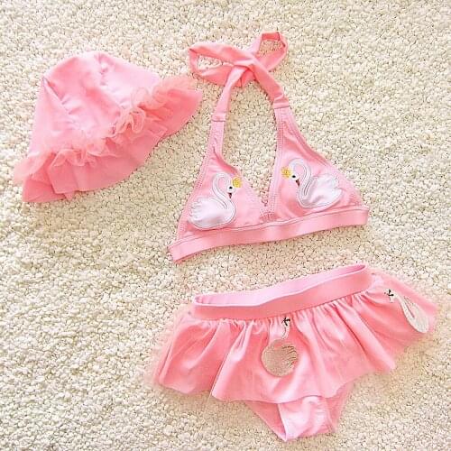 Girl bikini split three-piece suit Girl cartoon embroidery fashion swimsuit set Girl split swimsuit cap three-piece