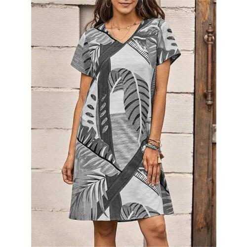 Elegant Printed Womens Casual Short-Sleeved Dress Lady Fashion V-Neck Loose Beach Dresses Vestido De Mujer All-Match Dress
