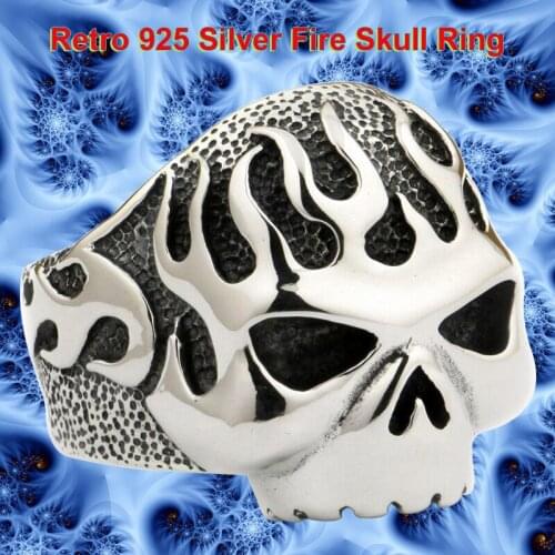 Punk Rock Retro Fashion 925 Sterling Silver Fire Skull Ring Cool Knights Individuality Huge Heavy Ring 8D006 US Size 7~15