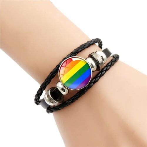 LGBT Leather Bracelet Bi Pride Glass Cabochon Gay Pride Rainbow Flag Photo Bangle Jewelry For Women Men Lovers Gift