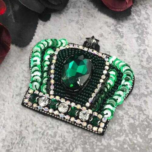 New Handmade Beaded Rhinestone Sequins Green Crown Patch Applique Sew on Clothes Shoes Bags Decoration Patches DIY