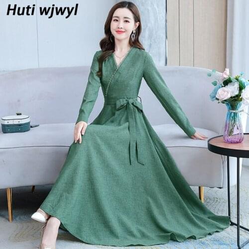 Autumn Winter Plus Size Maxi Dress 2021 Vintage Solid Cotton Linen Casual Midi Dresses Long Sleeve Women Bodycon Party Vestidos
