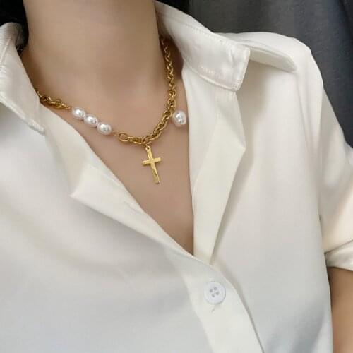 316L Stainless Steel New Fashion Upscale Jewelry Natural Pearl Cross Charms Thick Chain Choker Necklaces & Pendants For Women