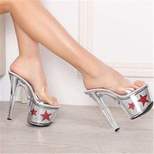 Sexy super star shoes, 17 cm high heels, transparent summer platform, five-pointed star decoration, sandals