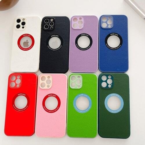 Luxury Solid Color PU Leather Logo Hole Phone Case for IPhone 12 11 Pro Max Mini X XS XR XSMAX 8 2020 SE Protective Accessories