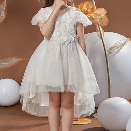 A-Line Asymmetrical Flower Girl Dresses Wedding Tulle Short Sleeve Jewel Neck with Pattern / Print