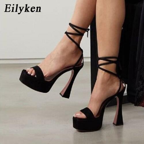 Eilyken Model Catwalk Fashion Thick Heel Elegant Ladies Shoes Sexy Fish Mouth Single Ankle Lace Up Platform Sandals Women