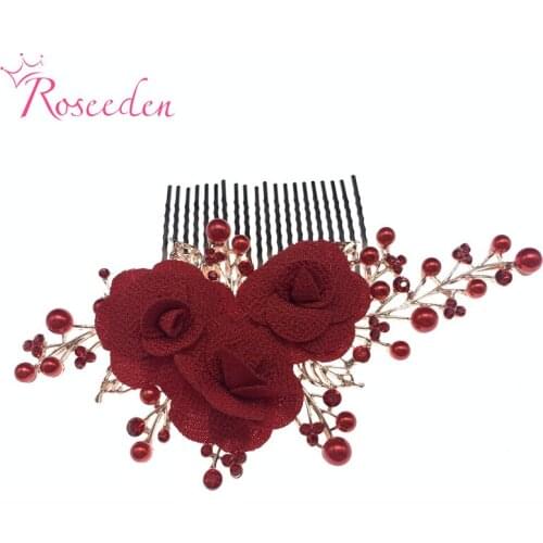 Bohemian Red Flower Gold Bridal Hair Comb Bride Headdress Wedding Hair Barrette Accessories RE3074-1