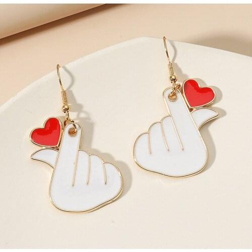 VSnow Korean Fashion Finger Red Love Heart Dangle Earring for Women Textured Enamel Gold Color Metallic Earring Jewellery