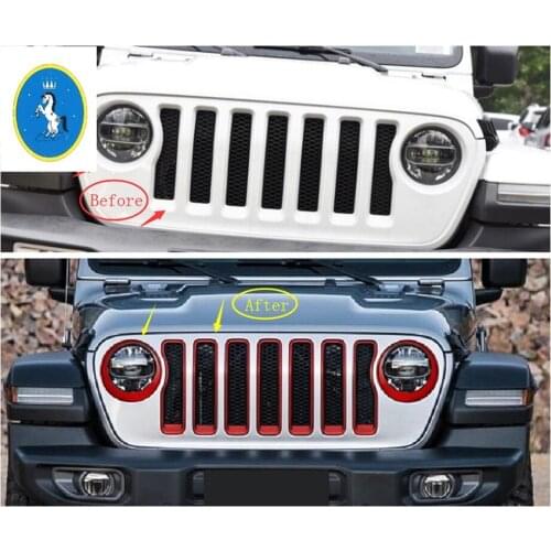 Yimaautotrims Auto Accessory Front Head Lights Lamp Ring & Front Grille Grill Frame Cover Trim For Jeep Wrangler JL 2018 - 2020