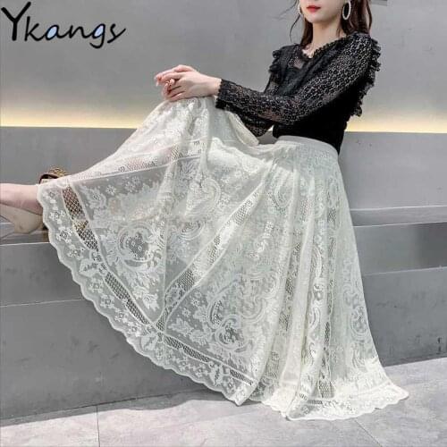 Womens White Lace Midi Skirts Vintage Black Female embroidery Mesh Long Skirts elegant Ladies Office high waist pleated skirt