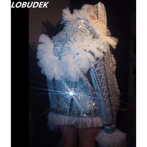 Female Sparkly Sequins Spandex Faux Denim Jacket Loose Coat Blue Cowboy Hip Hop Dancer DJ Rap Singer Nightclub Dance Costume