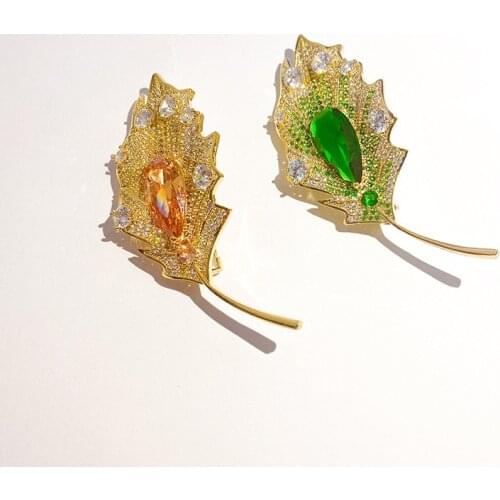 Fashion Green Yellow Leaf Brooches Women Men Pin Luxury Cubic Zirconia Crystal Plant Brooch Pin Elegant Accessories Jewelry Gift