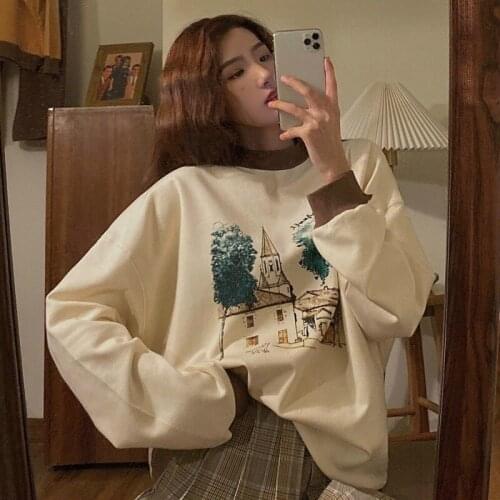 Cotton Apricot Printed Patchwork Womens Autumn Sweatshirt Autumn Long Sleeve Sweatshirt O-Neck Tops En
