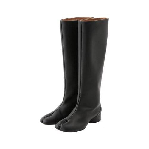 Botines mujer Luxury Tabi Chunky Low Heel Knee High Long Boots For Woman Black Leather Rain Boots Stretch Slim Sock Botas Shoes