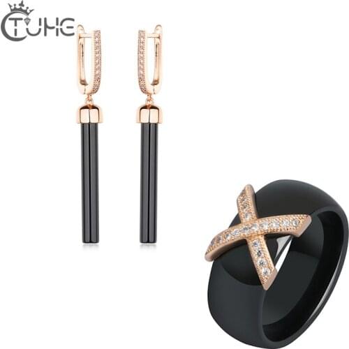 Ceramic Women Jewelry Set 585 Rose Gold Long Drop Earrings 8mm Wide X Cross Black Ceramic Ring For Women Girl Christmas Gift