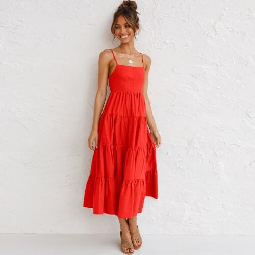 Red Dress Women New Arrive Summer Strap Ruffles Backless Casual Mid-Calf Long Dresses 2021 Sexy Sling Midi Vestido De Mujer
