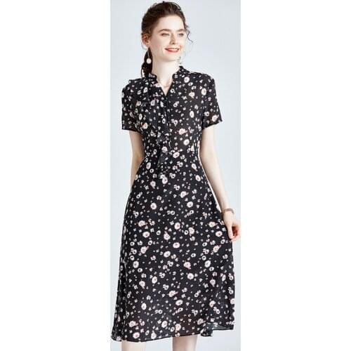 Black Print White Daisy Floral Silk Crepe Dresses Women Fashion 2021 Summer Long Casual Sexy Office Work Daily Dress Plus Size