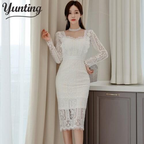 2021 Womens Spring New White Lace Dress Long Sleeve Simple Slim Bodycon Dresses Korean Evening Party Pencil Dresses