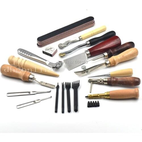 18 Pcs Leather Hole Grinding Polish Sewing Punch Groover Skiving Knife Awl Leather Craft Tools