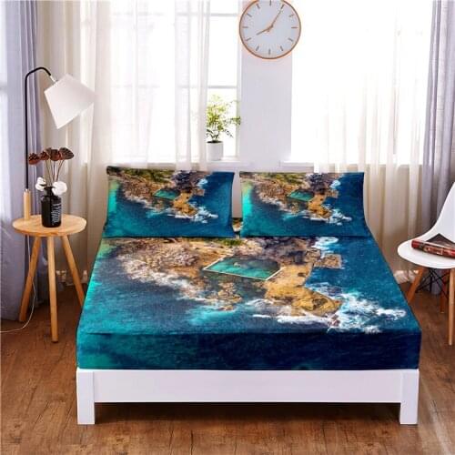 Seawater 3pc Polyester Solid Fitted Sheet Mattress Cover Four Corners With Elastic Band Bed Sheet(2 pillowcases)
