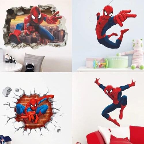 3D Spiderman Super Heroes Wall Stickers For Kids Room Decoration Home Bedroom PVC Decor Marvel Movie Mural Wall Art Decals
