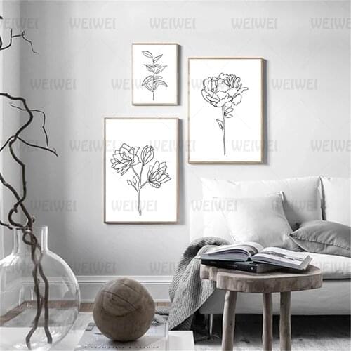 Line Drawing Abstract Flower Leaf Wall Art Canvas Painting Black White Minimalist Print Nordic Poster Wall Pictures Home Decor