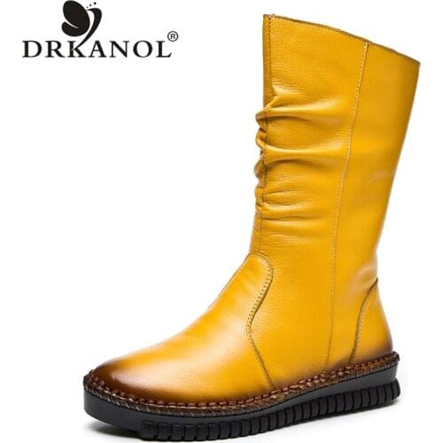 DRKANOL 2020 Fashion Handmade Women Boots Winter Warm Mid-calf Genuine Leather Flat Boots Women Side Zipper Casual Boots Size 43
