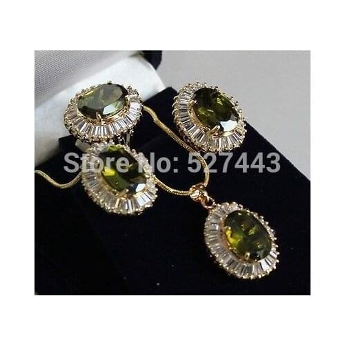 Hot selling> Wholesale Hot '' -tone Inlay Peridot Crystal Necklace Pendant Earring Ring Set (A0425) -Bride jewelry fr