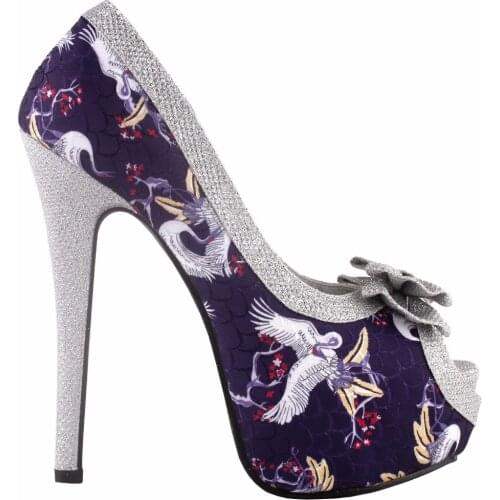 LF80814 Glam Silver Butterfly Print Bow Platform Club Evening Pump