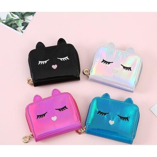 Small Cute Laser Wallet PU Leather Zipper Coin Purse Girl Kitty Lovely Cartoon Wallets Student Women Credit Bank Card Holder