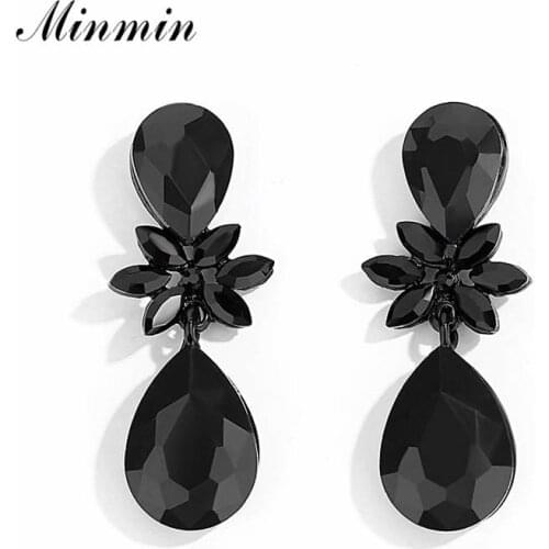 Minmin Cute Flower Crystal Drop Earrings Female Vintage Black Marquise Rhinestone Teardrop Long Dangle Earrings for Women EH1468