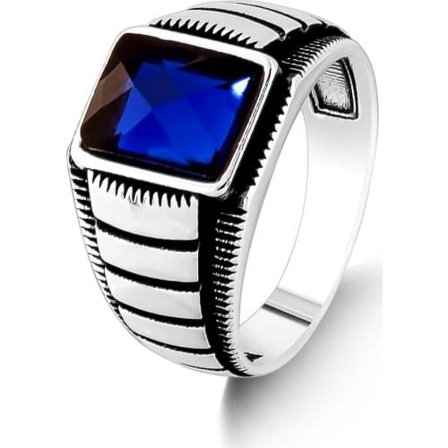 Sterling Silver Ring with Facet Cut Blue Zircon Gemstone For Man Vintage Handmade Men Jewelry 925k Silver Made in Turkey