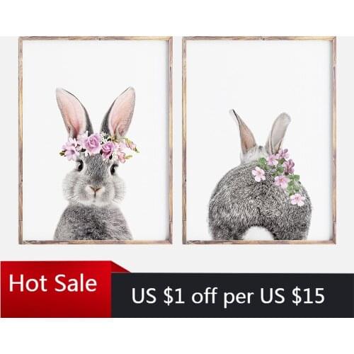 Bunny Floral Rabbit Tail Wall Art Picture Woodland Animal Canvas Painting Poster Nursery Print Minimalist Nordic Baby Room Decor