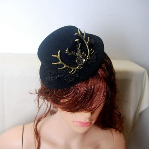 New Customs Steam Punk Victorian Burlesque Black Lace Deer Head Mini Top Hat Fancy Dress Tall