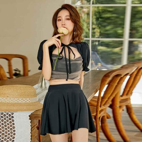 New Korean Spuff Sleeve Bow Tie Lace Hollow High Waist Pleated Skirt Bikini Skirt Split Swimsuit Female Swimming Hot Spring Suit