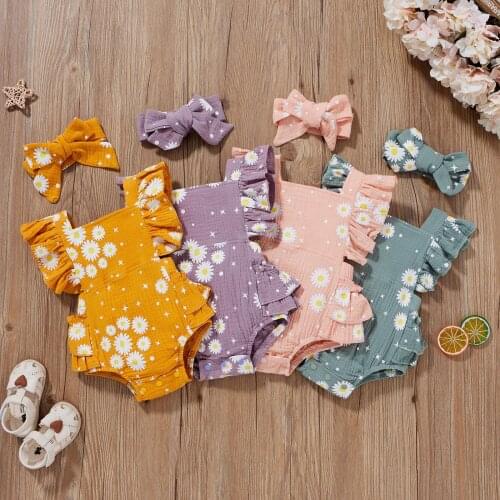 Newborn Infant Baby Girls Boys Bodysuits Headband Flowers Print Ruffles Short Sleeve Backless Jumpsuits Romper 4 Colors
