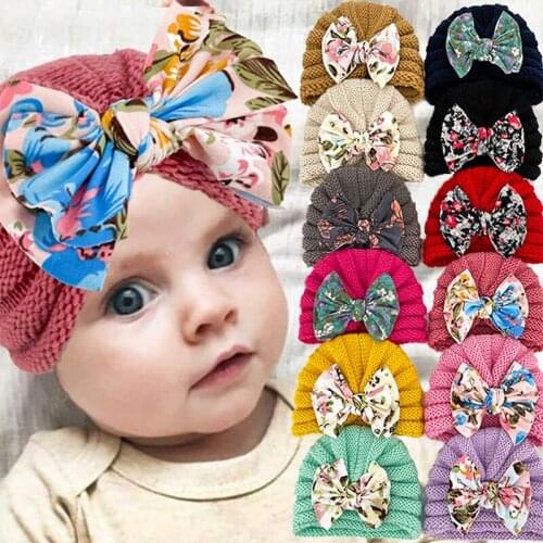 Solid Color Baby Girl Hat Sweet Print Bowknot Newborn Turban Hat Elastic Soft Knitted Kids Bonnet Autumn Winter Children Caps