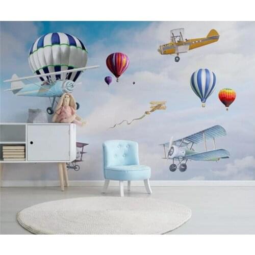 Custom wallpaper Nordic minimalist hand-painted cartoon airplane balloon childrens room background wall 3d wallpaper