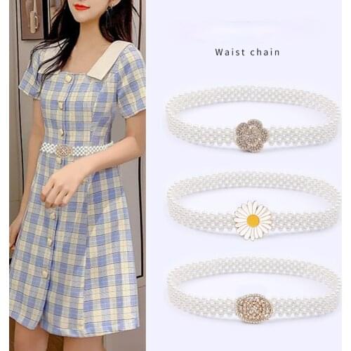 Luxury Womens Pearl Waist Chain Fashion Diamond Flower Belt Womens Girls Waist Rhinestone Dress Decorative Elastic Belts