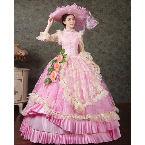 Light Pink Medieval Renaissance Victorian Ball Gown Wedding Dress Stage Costume With Hat