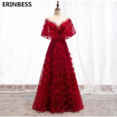 Vestido De Festa Sexy Scoop Neck Red Long Prom Dresses Floor Length A-line Lace Prom Dress 2020 New Fashion Robe De Soiree