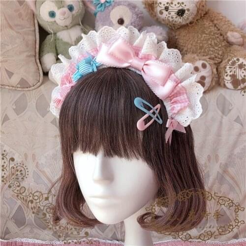 Japanese Maid KC Cosplay Soft Girl Cute Candies Bow Plaid Lace Headband Sweet Lolita Handmade Hair Hoop Apron Hair Accessories