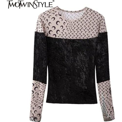 TWOTWINSTYLE Patchwork Printed Moon T Shirt For Women O Neck Long Sleeve Slim Velour T Shirts Female Fashion New Clothing Fall
