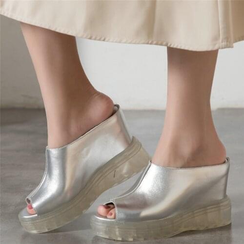 Outside Punk Slippers Women Genuine Leather Wedges High Heel Gladiator Sandals Female Open Toe Platform Pumps Shoes Casual Shoes