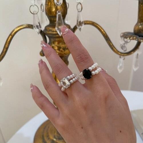 Kpop 2021 New Heart Shaped Black Zircon Pearl Crystal Elastic Adjustable Ring for Women trendy accessories aesthetic Jewelry
