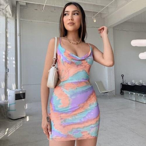 Wsevypo Summer Chic Women Suspender Tie-dyed Bodycon Dress Party Wear Tie Up Backless Spaghetti Strap Mini Pencil Dress