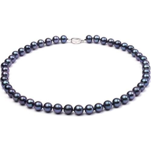 36-43cm 14-17'' Women Jewelry AAA natural pearl 9x10mm black blue freshwater pearl 925 silver clasp necklace gift