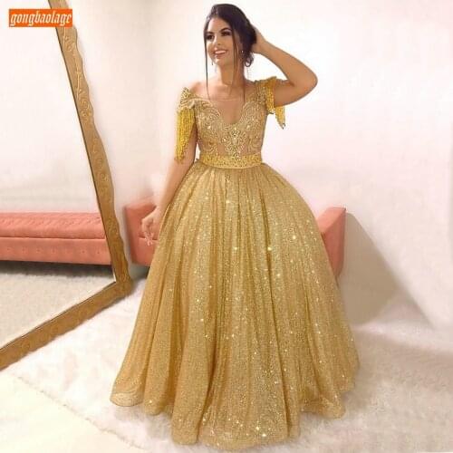 Gold Prom Gowns 2020 Sparkly Sequin Beach Sexy Vestidos De Gala Boho Red Women Party Dresses Long Elegant Lace Appliqued Beaded